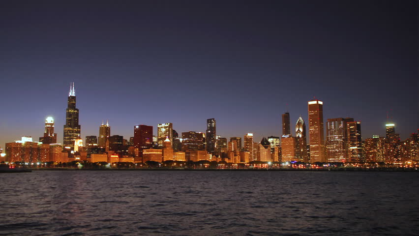 Chicago skyline at night on the lakefront