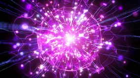 Abstract motion background in purple colors, shining lights, sparks, particles and energy waves, seamless loop able.