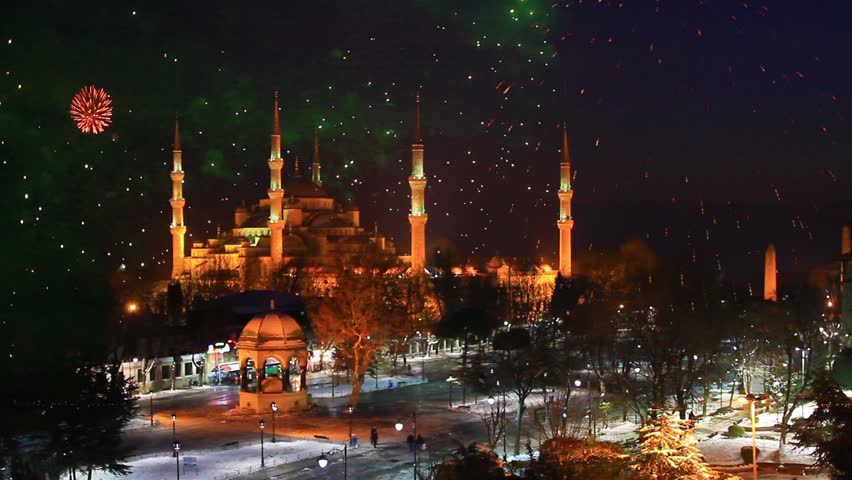 Blue Mosque, Istanbul New Year Eve. Amazing fireworks all around the city.
