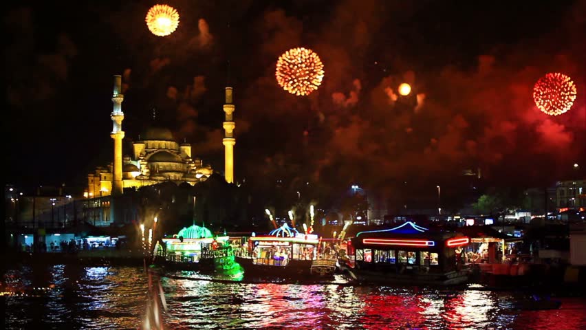 Eminonu Harbor, Istanbul New Year Eve. Amazing fireworks all around the city.
