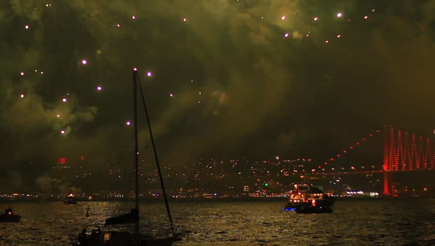 Bosporus Sea, Istanbul New Year Eve. Amazing fireworks all around the city.

