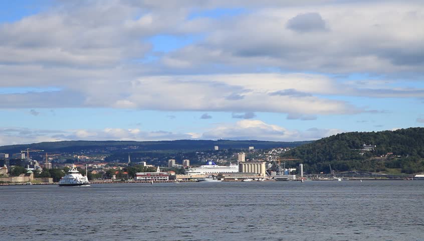 View of Oslo Harbor from the Boat Looking into Town, Norway

