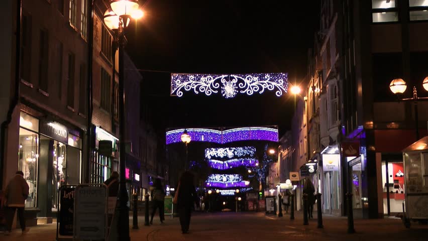 Stafford, England - Circa 2013: English Street with Christmas Lights and