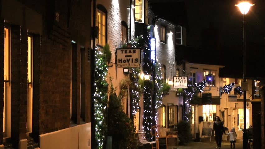 Stafford, England - Circa 2013: English Street with Christmas Lights and