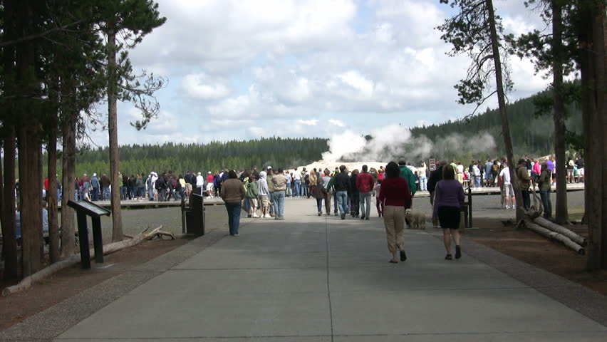 Old faithful at Yellowstone Park with tourists waiting for eruption