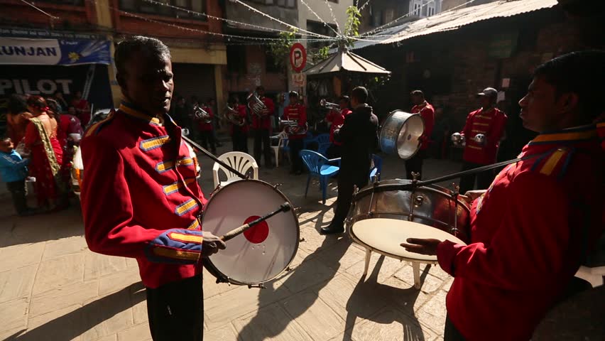 KATHMANDU, NEPAL - NOV 28: Unidentified musicians in traditional Nepalese