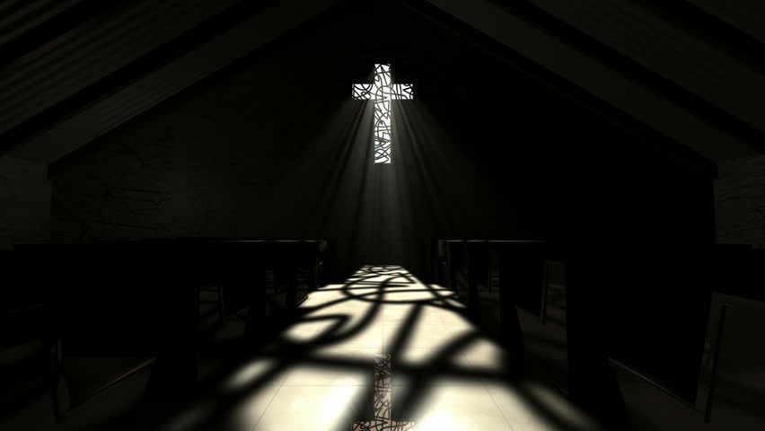 A slow zoom down the aisle of a dark church illuminated by light rays penetrating a crucifix shaped window - Powered by Shutterstock - Get 15% off with code: PIKWIZARD15