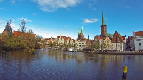 Panoramic skyline of the medieval city of Lubeck, Germany  (Time Lapse)