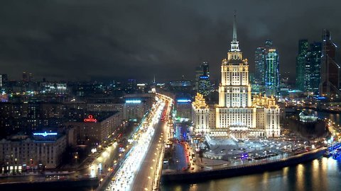 MOSCOW, - NOVEMBER 29:
View of the Hotel Ukraina (Radisson Royal Hotel) & Kutuzov avenue at night.
November 29, 2013 in Moscow, Russia