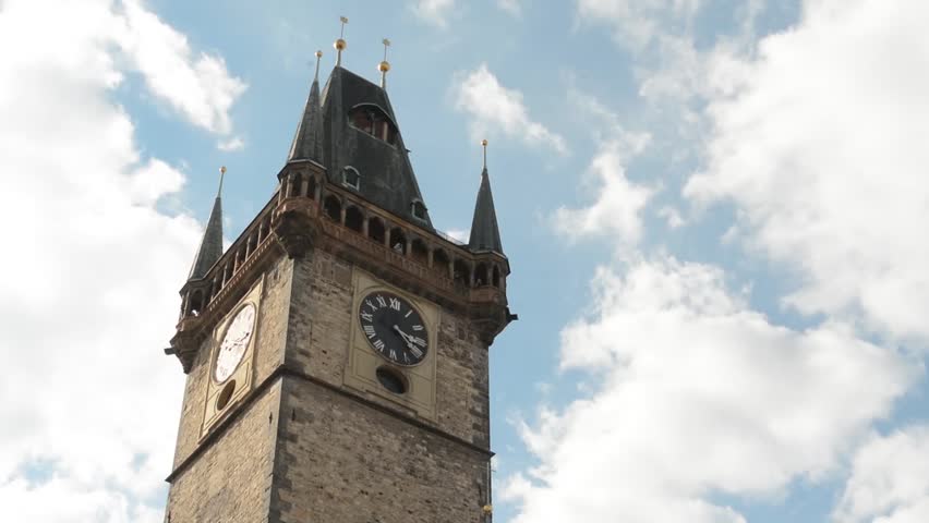 PRAGUE, CZECH REPUBLIC - SEPTEMBER 2013: Astronomical Clock: Tower with blue sky