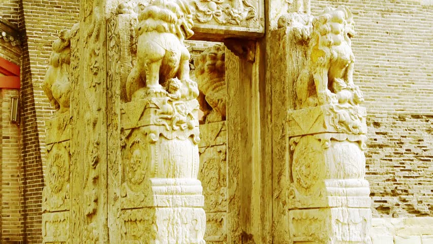 China stone arch & stone lions in front of ancient city gate. gh2_02825