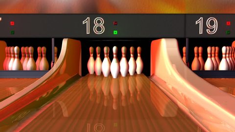 A seamlessly loopable 3D animation of a bowling alley, in close up. The ball makes a strike, then the sweep removes fallen pins. They are reset by the pinsetter and the process can repeat.