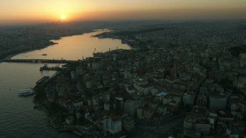 Aerial view, sunset on Golden Horn, Istanbul
