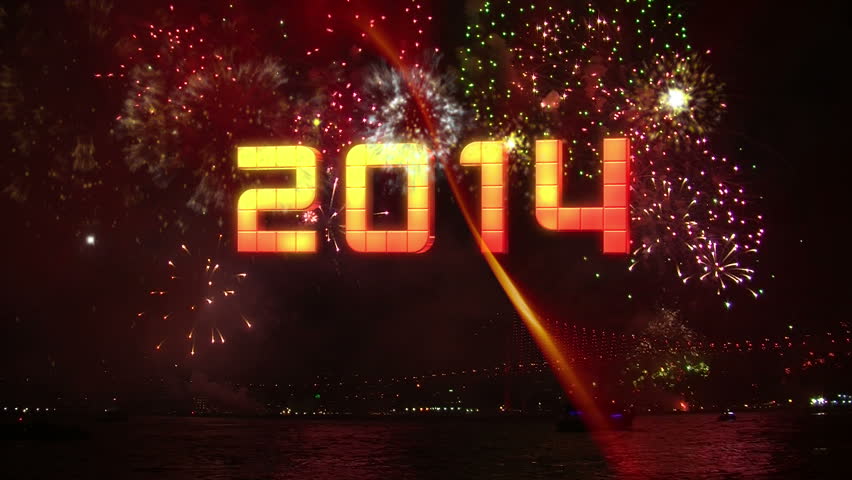 new year 2014 3d with real fireworks Istanbul Bosphorus Bridge