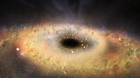Graphic simulated view of a black hole in the middle of the outer space, with stars and diffuse rays of light, videoclip de stoc