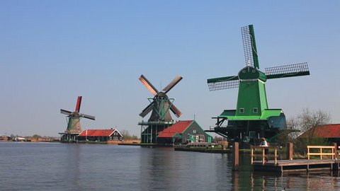Restored 19th century windmills in Zaanse Schans, near Amsterdam, Netherlands