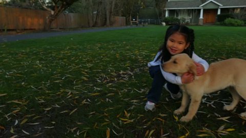 Young girl gives her puppy a hug Stock Video