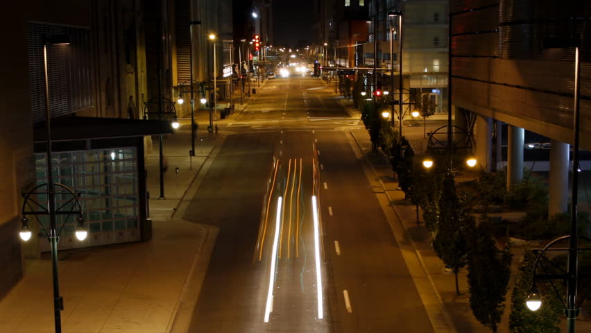 Downtown street at night time lapse - Zoom Out, HD 1080p