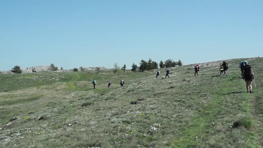 Hikers group trekking in Crimea
