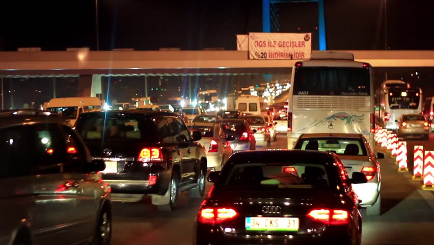 ISTANBUL - FEB 17: Traffic jam with rows of cars waiting on Bosporus Bridge on