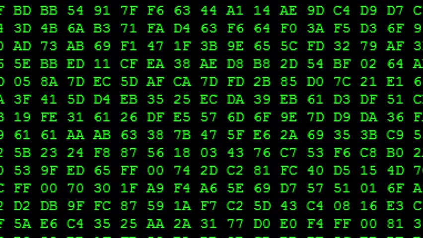 Green Hexadecimal code running up a computer screen. Green digits. Close-up