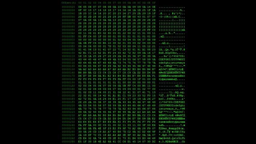 Green Hexadecimal code running up a computer screen. Green digits. Close-up