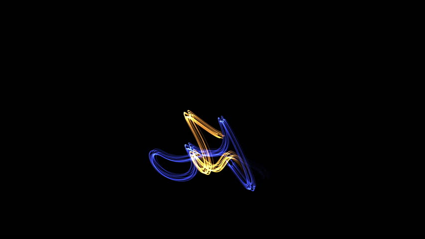 Looping animation of randomly moving blue and gold light streaks moving in 3D