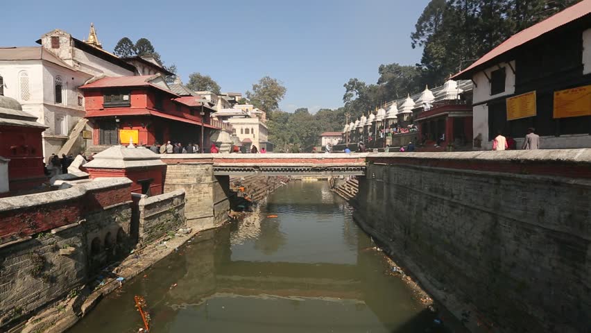 Bagmati River in Bhasmeshvar Ghat at Pashupatinath temple in Kathmandu, Nepal. 