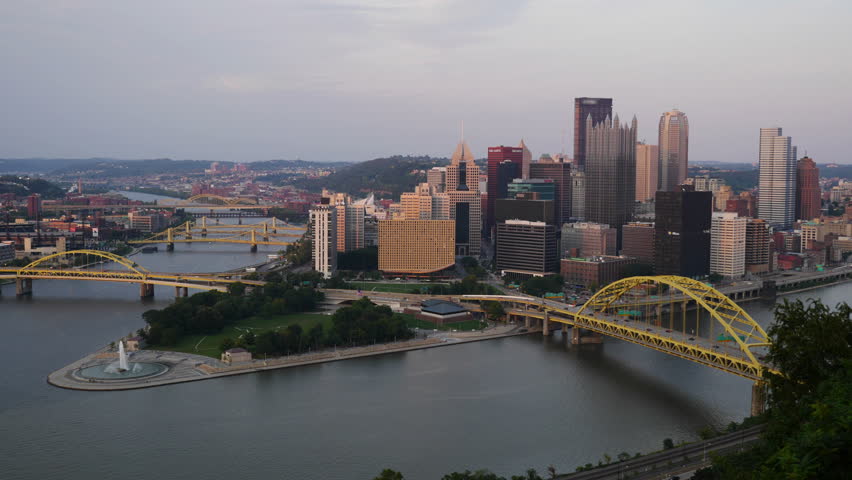 Time lapse of the sun setting over the city of Pittsburgh  4K Ultra HD