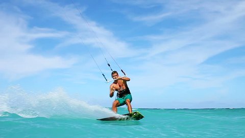 Young Man Kitesurfing in Ocean, Extreme summer sport hd, Slow motion 