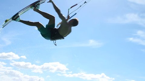 Extreme Kite Boarding Trick Over Camera In Ocean 