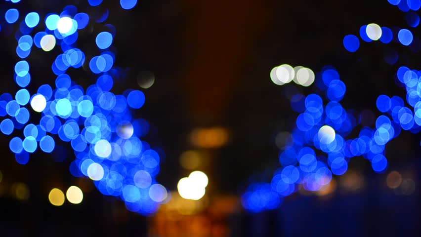 Blue Christmas Tree Lights Bokeh London street, focus and diameter change