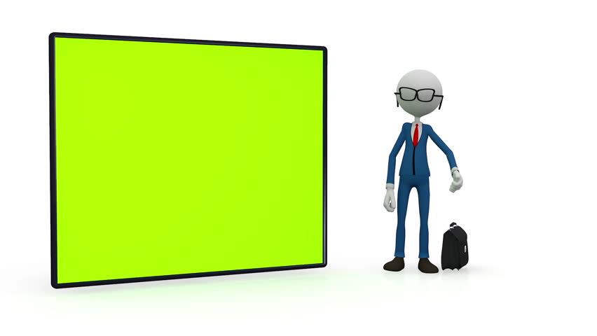 3D character standing beside blank green screen board