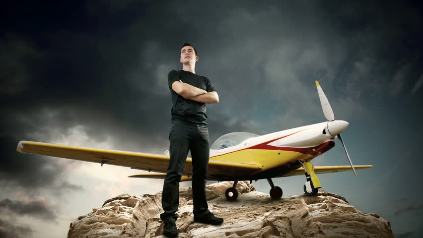 Timelapse view of Man and airplane (my effect: timelapse background and stop