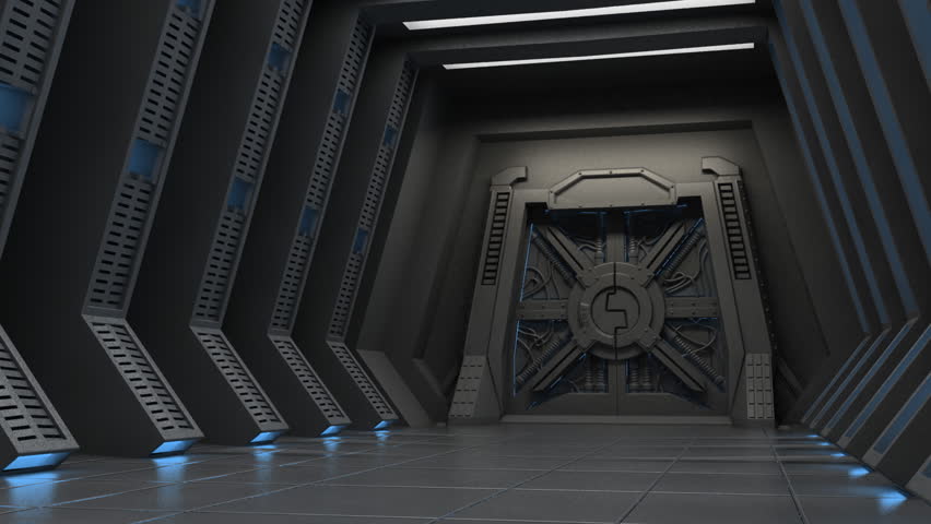 Science fiction interior animation with opening gate and transition to light. 
