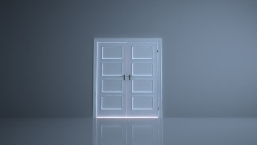 Empty, abstract room with doors opening to a bright light. 
