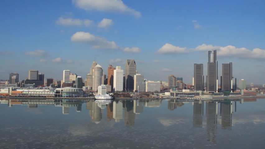 DETROIT - CIRCA NOVEMBER 2013: City skyline during a cold winter late afternoon