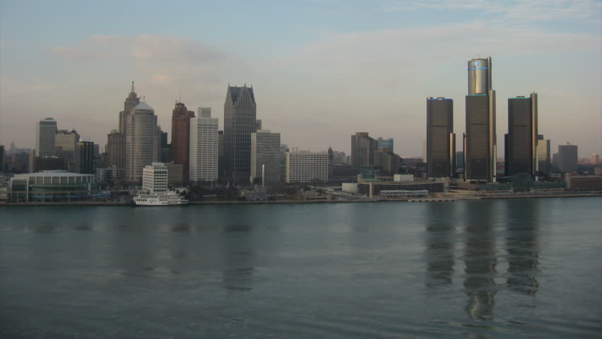 DETROIT - CIRCA NOVEMBER 2013: City skyline during a cold winter late afternoon,