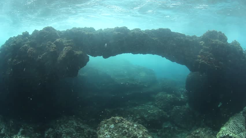 A natural limestone arch has developed on a shallow reef near Buyat Bay,