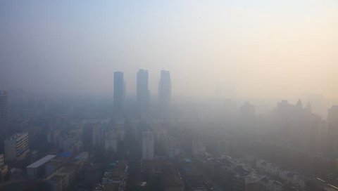 Air pollution in China, bird view of Fuzhou city under haze