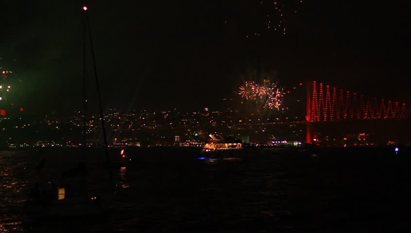 Happy New Year Celebrations. Festival night at Bosporus in Istanbul, Turkey. 