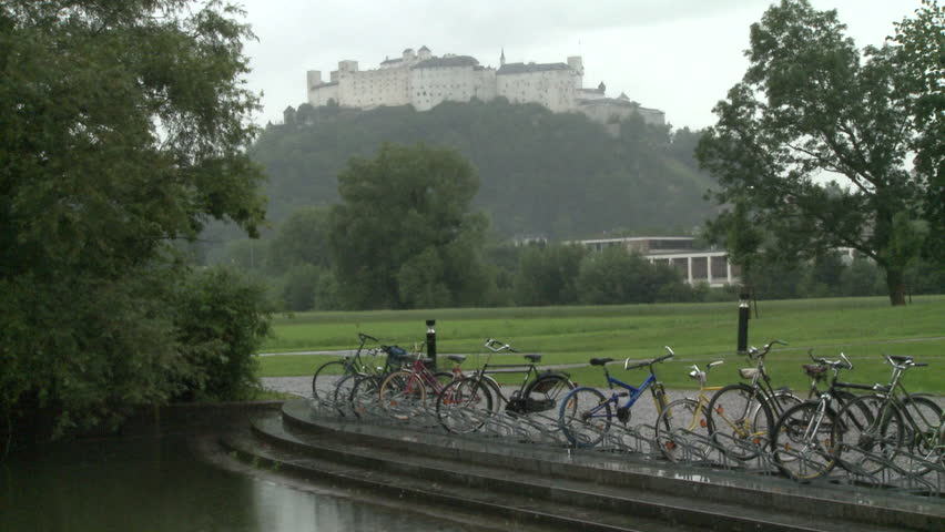 Rain and bike rack with castle in the background