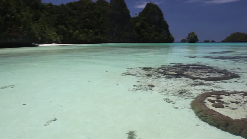 Shallow corals grow in a gorgeous lagoon surrounded by high, limestone islands.
