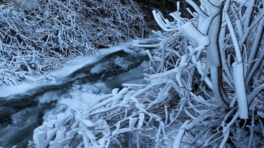Water Flowing along Frozen Creek or Stream on the base of Waterfall in Portland Oregon 1080p