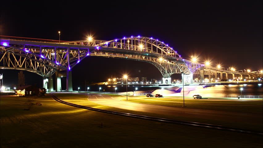 Blue Water Bridge Night Timelapse. The Blue Water Bridge connecting Port Huron,