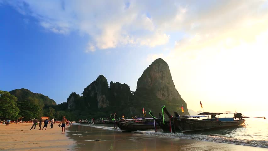 KRABI - CIRCA DECEMBER: Railay Beach. View on a traditional long tailed boats on