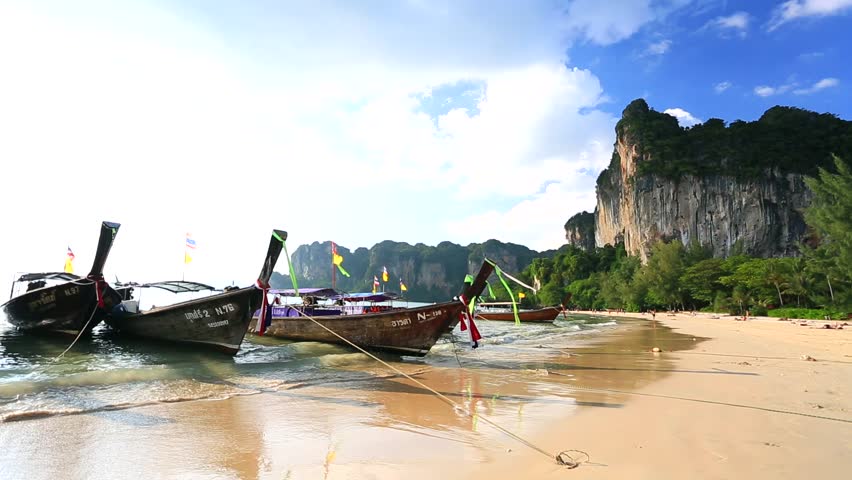 KRABI - CIRCA DECEMBER 2013: Railay Beach. View on a traditional long tailed