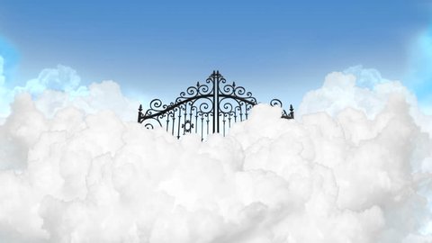 A slow zoom depiction of the gates to heaven in the clouds shut under a clear blue sky background