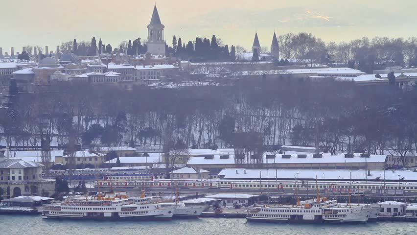 Snow covered Topkapi Palace and part of the Harbor of Istanbul. 
