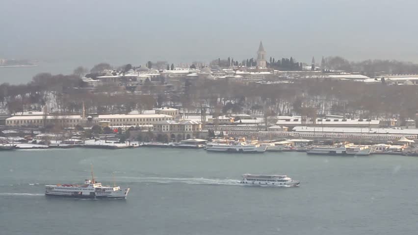 Istanbul's historical peninsula in snow. Topkapi Palace, winter view
